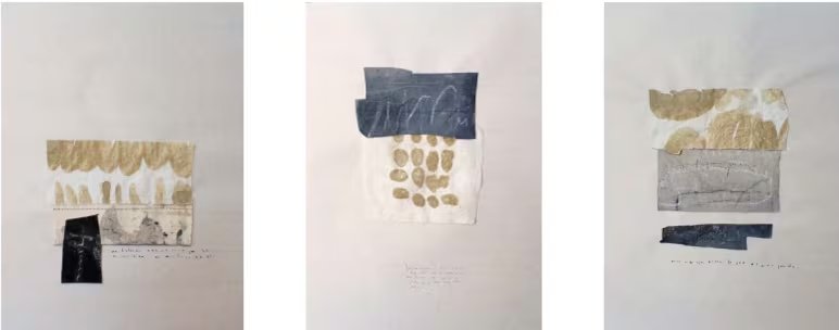 NATALIA MENDIETA
Sin título
Serie ‘Ligero como el cemento’
Collages: cemento, tinta, lápiz, tela y
otros materiales sobre papel de arroz
33 x 25 cm aprox c/u
2026