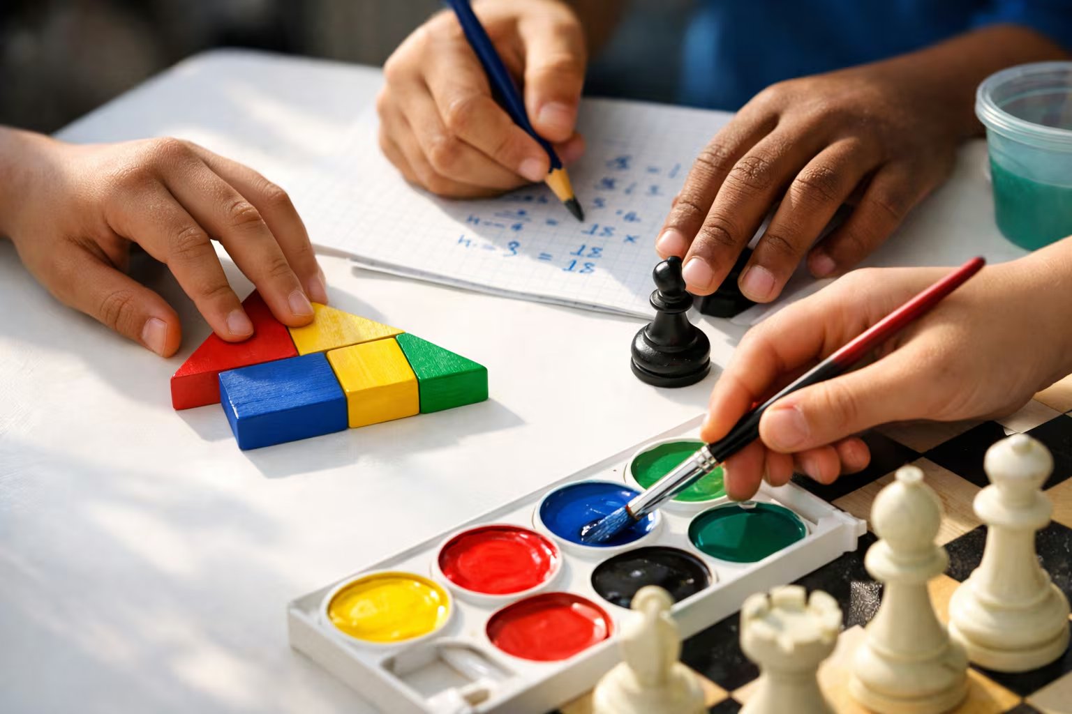 Varias manos infantiles de distintas pieles trabajan juntas en actividades de construcción, escritura, pintura y ajedrez sobre una mesa blanca. (Imagen Ilustrativa Infobae)