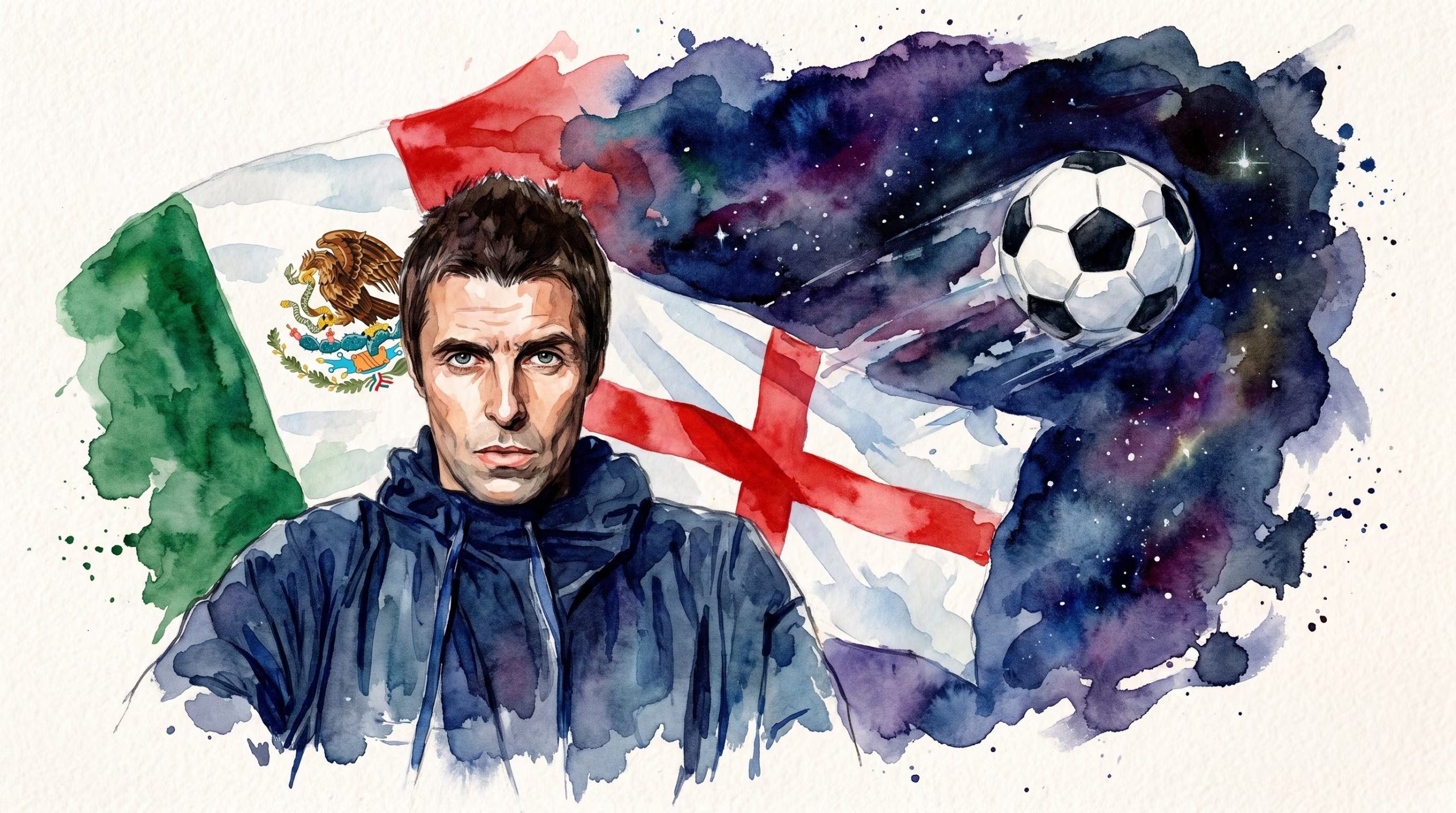 Una ilustración en acuarela presenta a Liam Gallagher junto a las banderas de México e Inglaterra, con un balón de fútbol en un fondo oscuro y estrellado. (Imagen Ilustrativa Infobae)