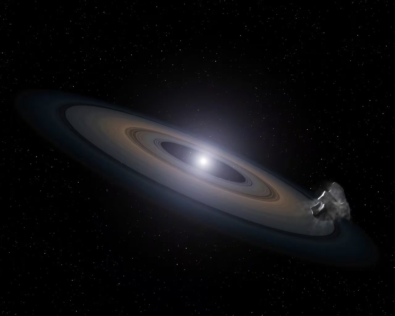 Una ilustración muestra un remanente estelar conocido como enana blanca rodeado de material planetario que contaminará la atmósfera de la estrella muerta (NASA/ESA/ G. Bacon STScI)
