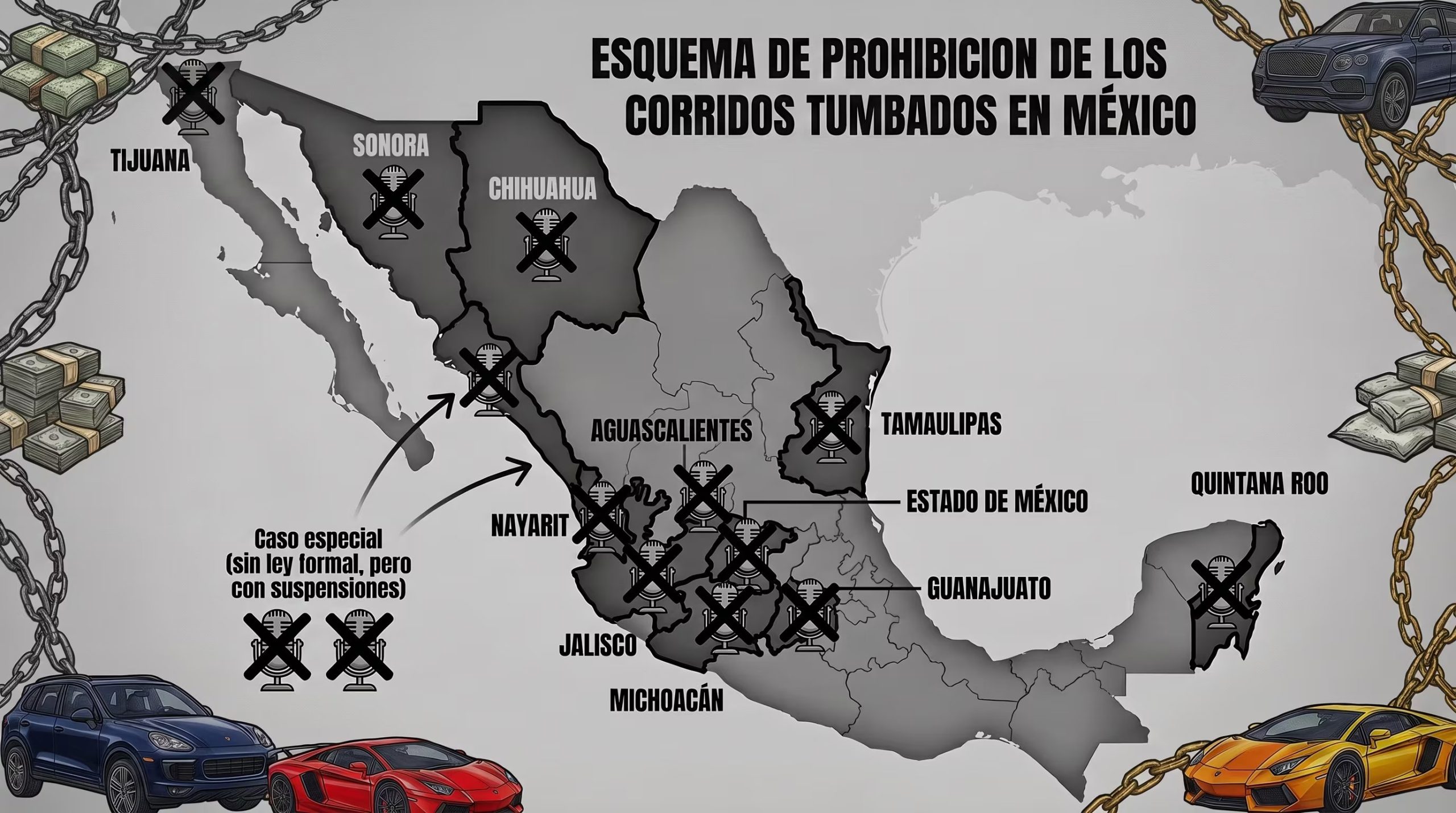 Mapa de México que muestra los estados que prohíben los corridos tumbados y aquellos con suspensiones de este género musical. (Imagen Ilustrativa Infobae)