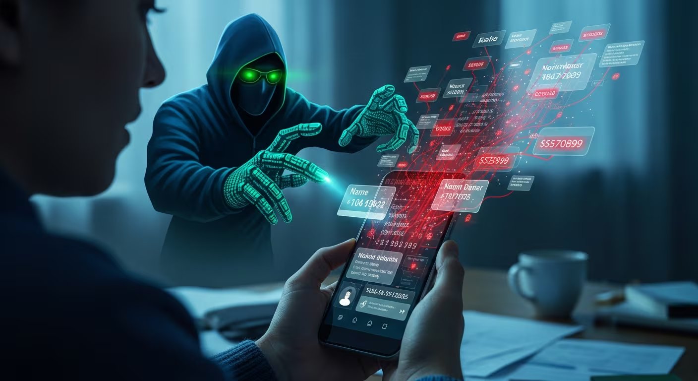 Un individuo sostiene un teléfono móvil mientras una figura de hacker proyecta la extracción de datos personales, ilustrando la creciente amenaza de los ciberataques a la privacidad móvil. (Imagen Ilustrativa Infobae)