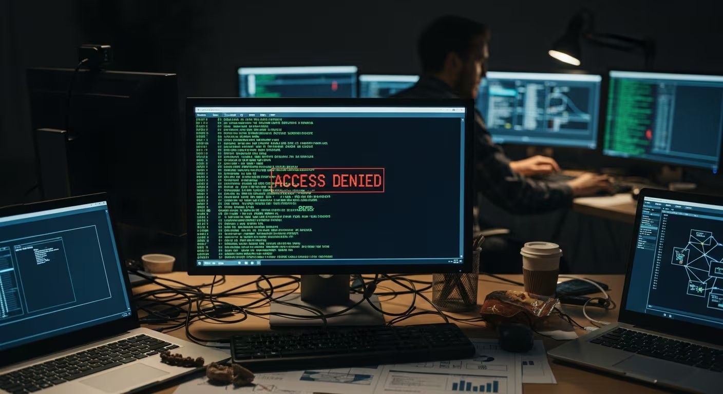 Una pantalla de ordenador muestra el mensaje 'Acceso Denegado' mientras un especialista en ciberseguridad trabaja en un entorno de múltiples monitores, indicando un posible incidente de hackeo. (Imagen Ilustrativa Infobae)