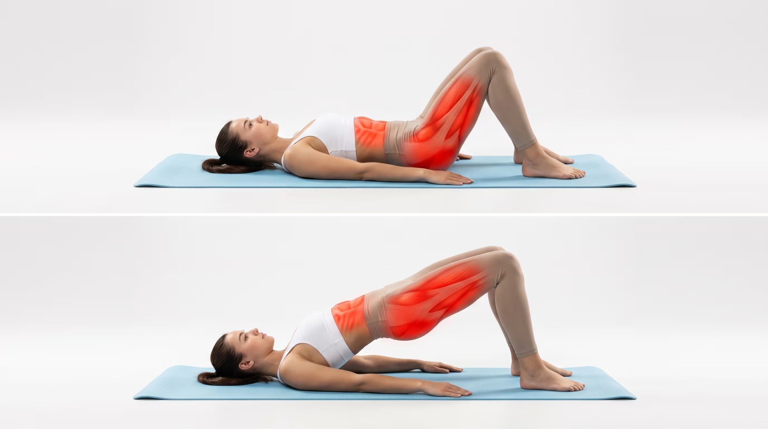 Una mujer sobre una colchoneta azul demuestra el ejercicio de puente de glúteos en dos fases, mostrando los músculos abdominales, glúteos e isquiotibiales resaltados en rojo. (Imagen Ilustrativa Infobae)