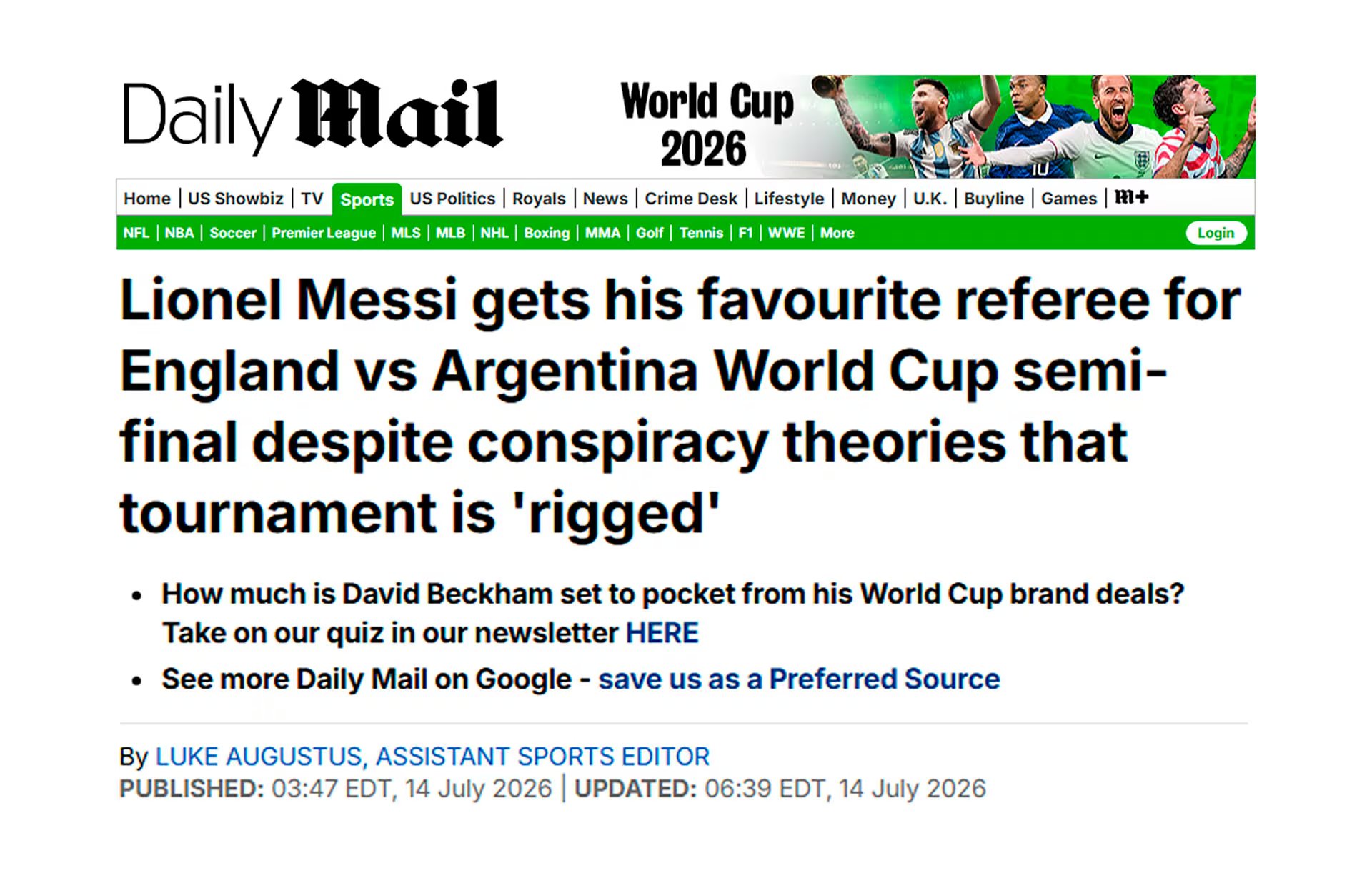 El provocador titular del diario inglés Daily Mail sobre el árbitro de Argentina-Inglaterra para la semifinal del Mundial 2026