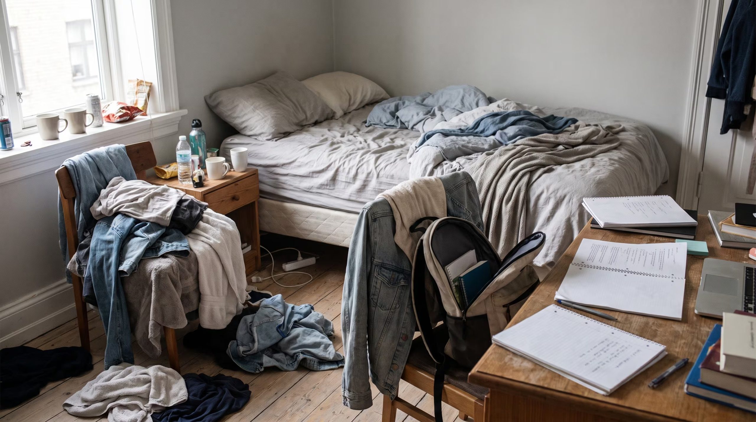 Un dormitorio juvenil o de adulto joven se muestra completamente desordenado, con la cama sin hacer, ropa apilada y objetos dispersos por las superficies. (Imagen Ilustrativa Infobae)