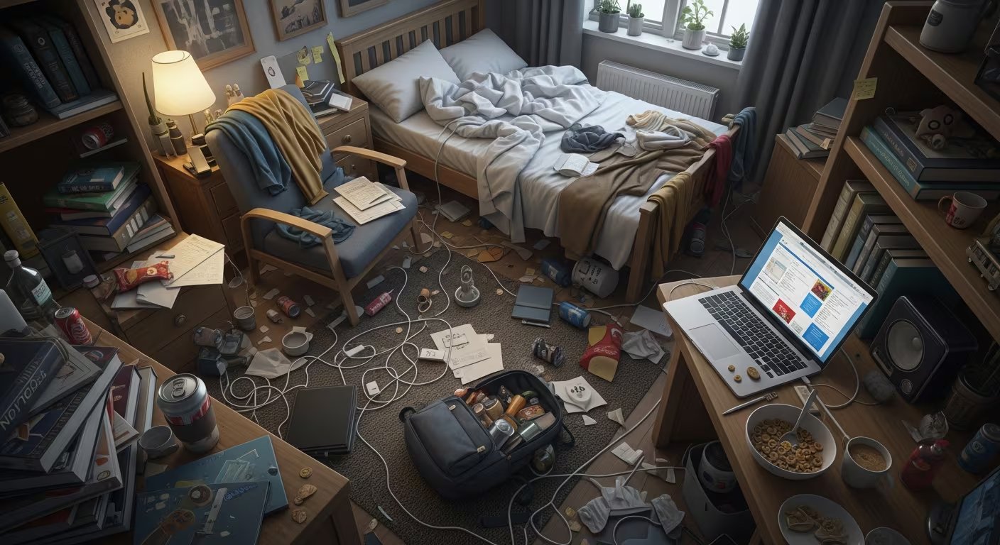 Una habitación desorganizada muestra cables, papeles, ropa y objetos dispersos que resaltan el desorden. (Imagen Ilustrativa Infobae)