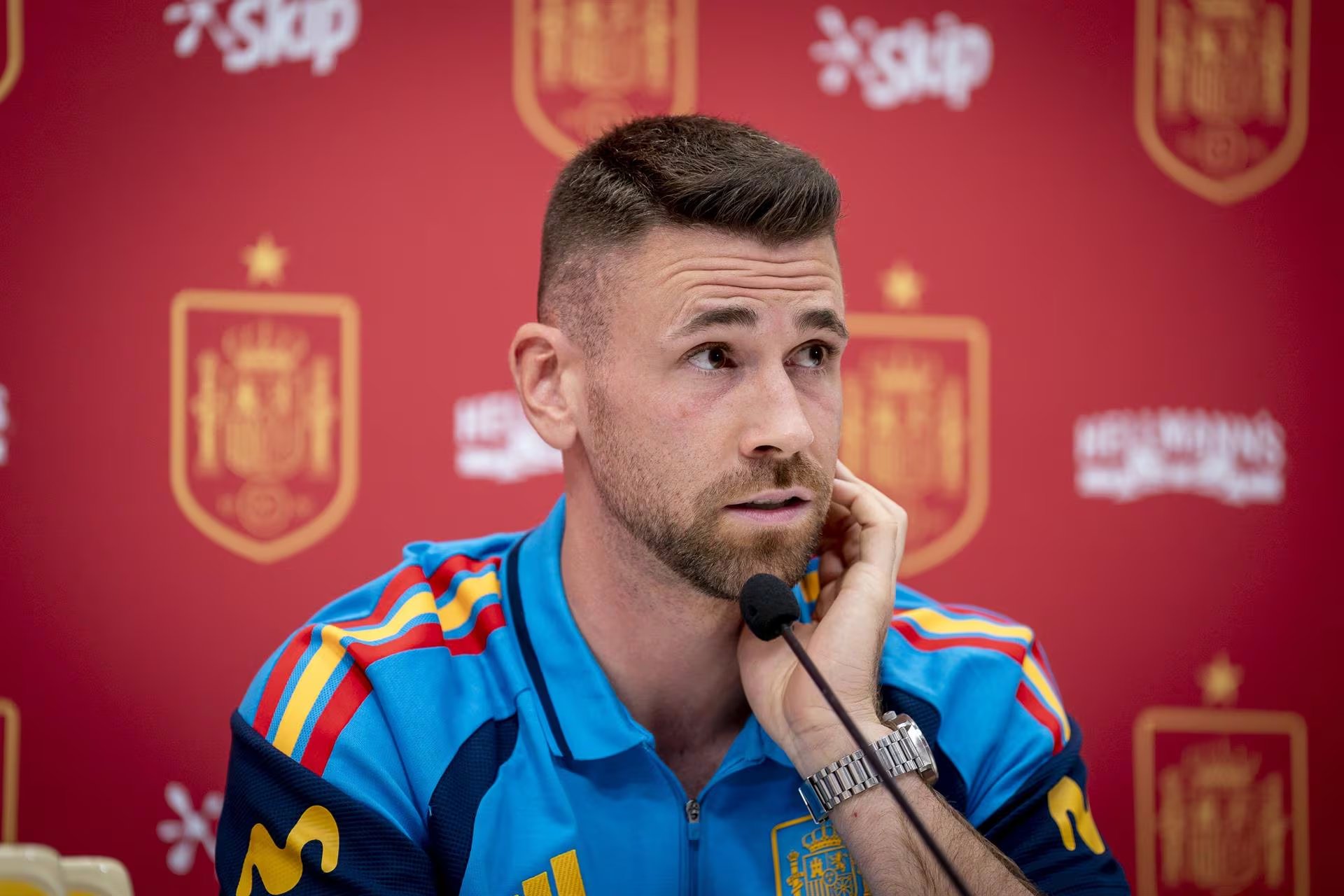 Unai Simón, portero de la Selección, en la rueda de prensa previa al partido contra Portugal. (Europa Press)