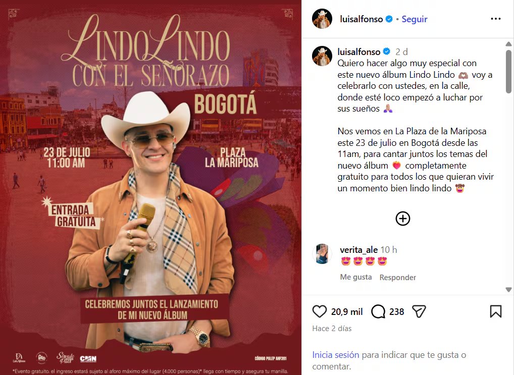 Luis Alfonso confirmó que dará un concierto gratis en Bogotá - crédito @luisalfonso/IG