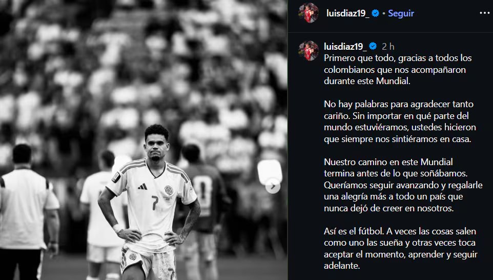 Este fue el mensaje de Luis Díaz para los aficionados de la Selección Colombia tras la eliminación - crédito @luisdiaz19/Instagram