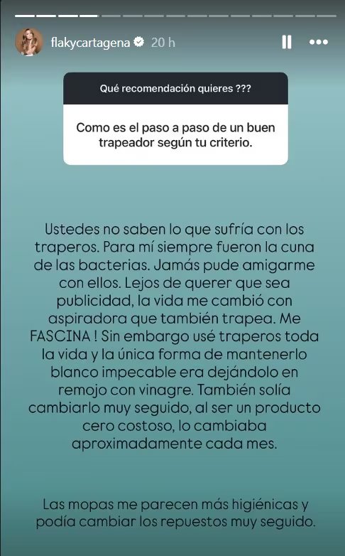 Vinagre, mopas y repuestos: las claves de Mabel Cartagena para que la limpieza del hogar sea más higiénica - crédito @flakycartagena/IG