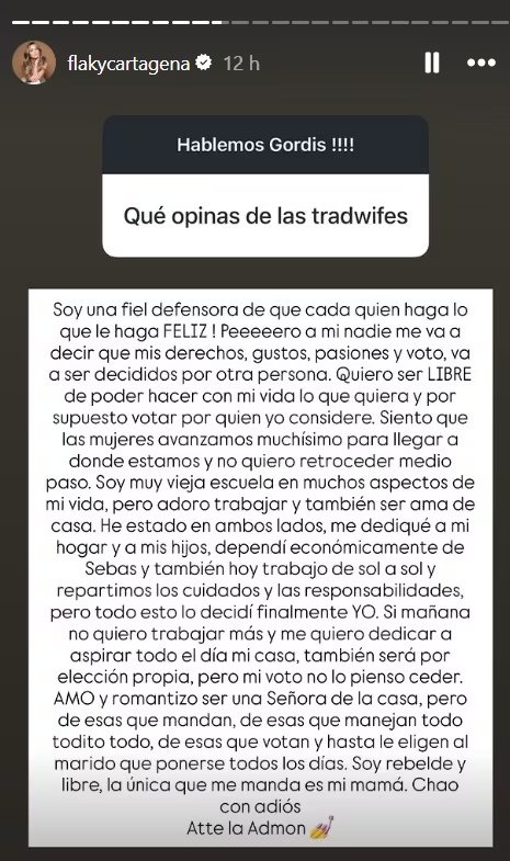 Mabel Cartagena rechaza ceder su autonomía y su voto en el debate sobre las tradwifes - crédito @flakycartagena/IG