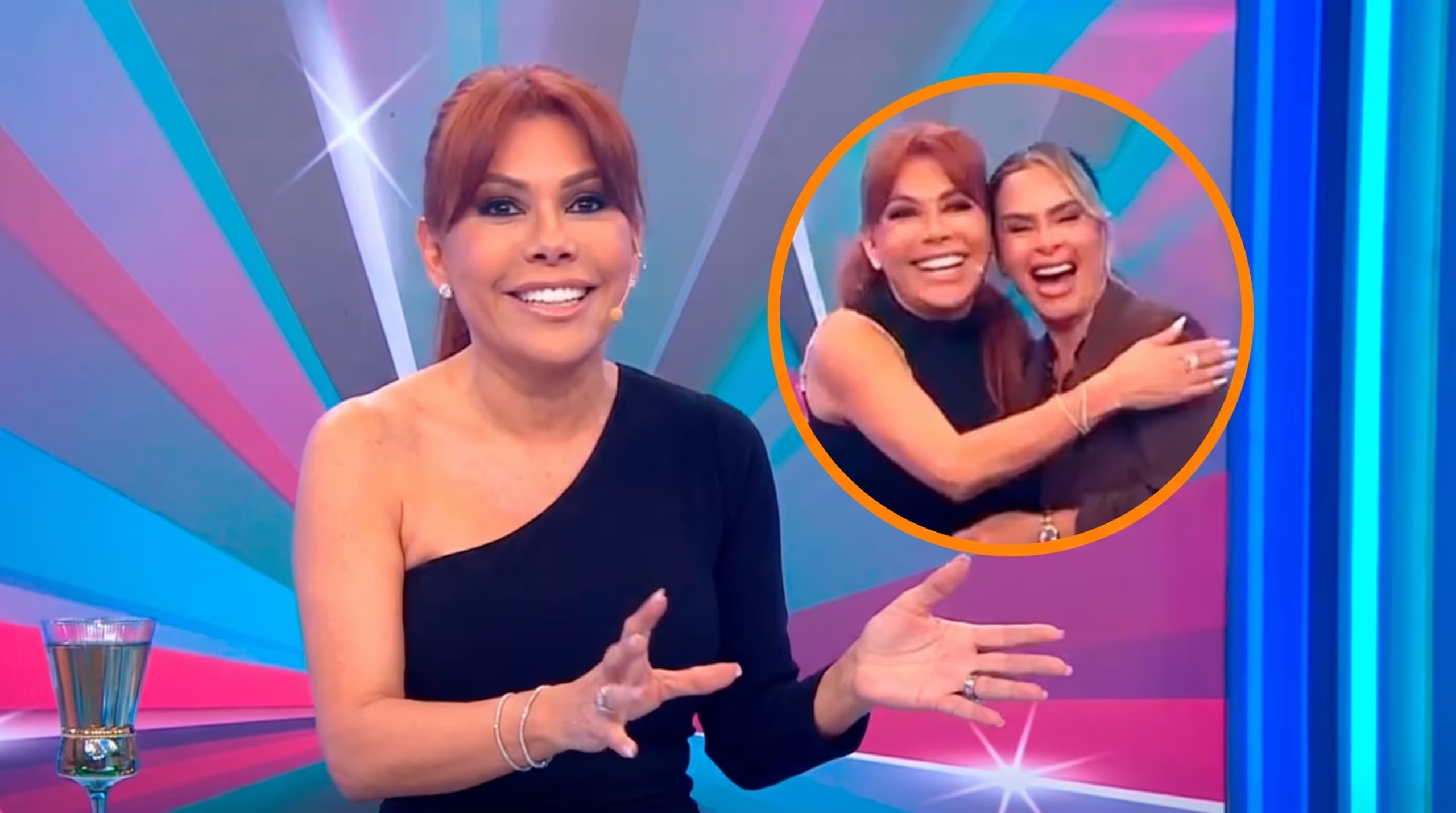 La presentadora Magaly Medina habla en un set de televisión, con una imagen incrustada de ella junto a Ethel Pozo, tras reflexionar sobre la carrera de esta última. (Imagen Ilustrativa Infobae)