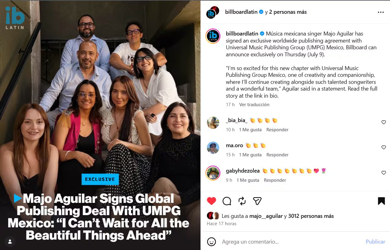La cantante Majo Aguilar posa junto a ejecutivos de Universal Music Publishing Group México tras sellar su acuerdo editorial exclusivo. (Instagram: Majo Aguilar)