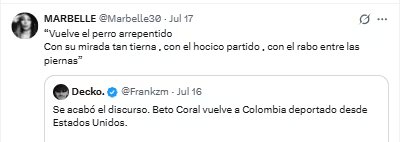 Marbelle le envió un mensaje a Beto Coral, tras llegar deportado a Colombia - crédito @Marbelle30/X