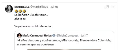 Marbelle se refirió a una fotografía de Beto Coral, luego de llegar a Colombia - crédito @Marbelle30/X