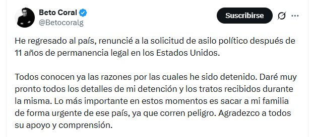 El activista anticipó que dará detalles sobre su detención y sobre los tratos recibidos bajo custodia en Estados Unidos - crédito @Betocoralg/X
