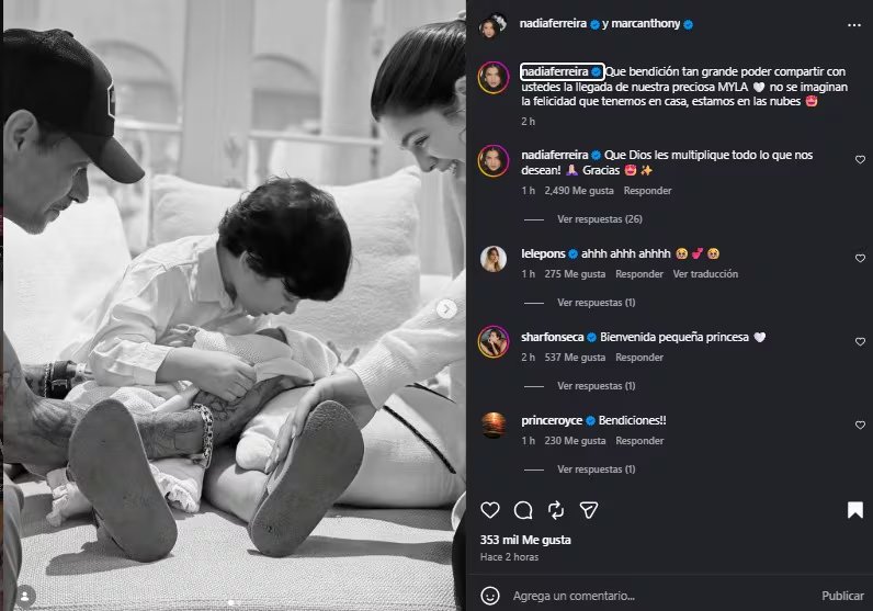 Marc Anthony y Nadia Ferreira anunciaron el nacimiento de su segunda hija. (Instagram)