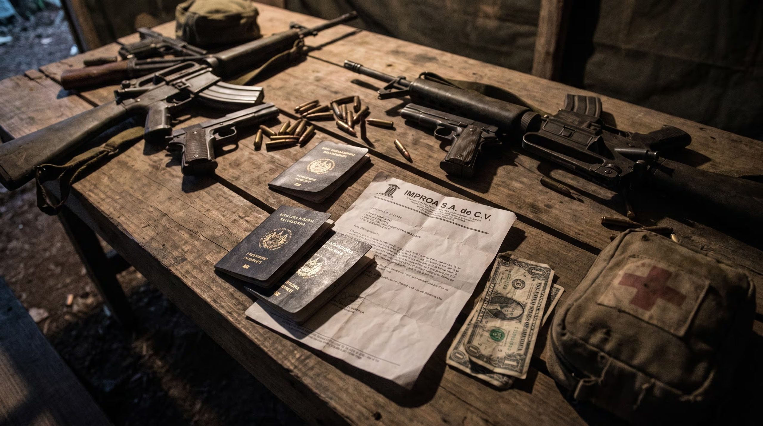 Un contrato con el membrete de Improa S.A. de C.V., junto a pasaportes salvadoreños, armas y dinero, se dispone sobre una mesa rústica en un campamento militar. (Imagen Ilustrativa Infobae)