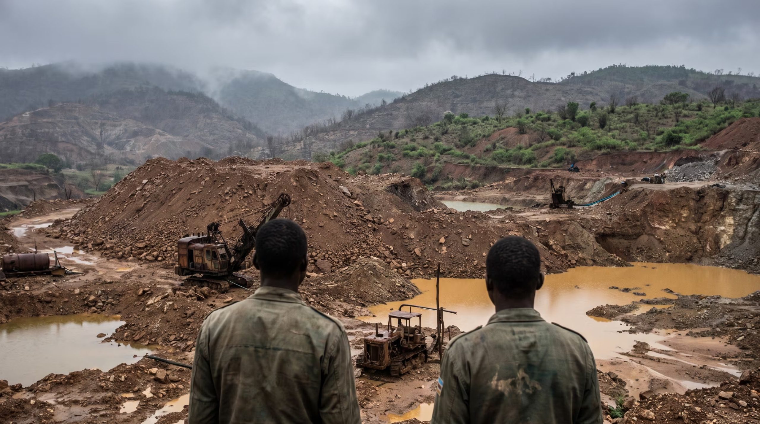 Un paisaje minero con maquinaria pesada y grandes excavaciones en el este de la República Democrática del Congo es observado por dos hombres con uniformes militares, bajo un cielo cubierto de nubes. (Imagen Ilustrativa Infobae)