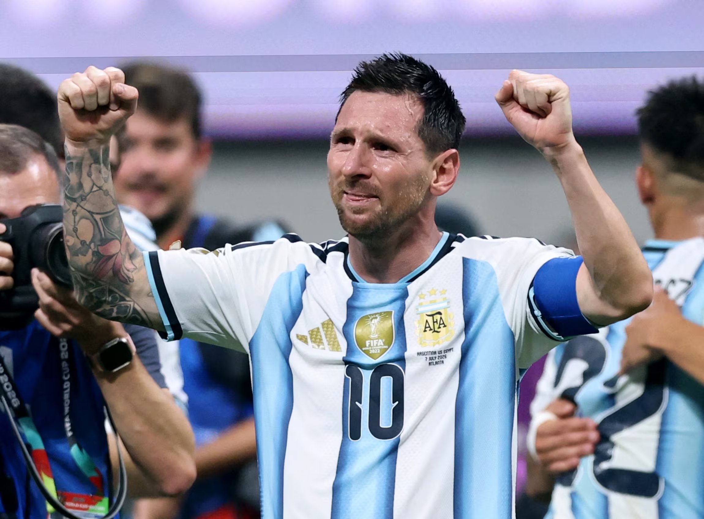Fútbol - Copa del Mundo de la FIFA 2026 - Octavos de final - Argentina contra Egipto - Estadio de Atlanta, Atlanta, Georgia, EE. UU. - 7 de julio de 2026 Lionel Messi, de Argentina, celebra tras el partido la clasificación de Argentina para los cuartos de final del Mundial. IMAGN IMAGES vía Reuters/Brett Davis
