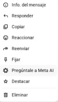 La opción 'Pregúntale a Meta AI' aparece con mensajes de texto, imágenes y archivos. (Meta)