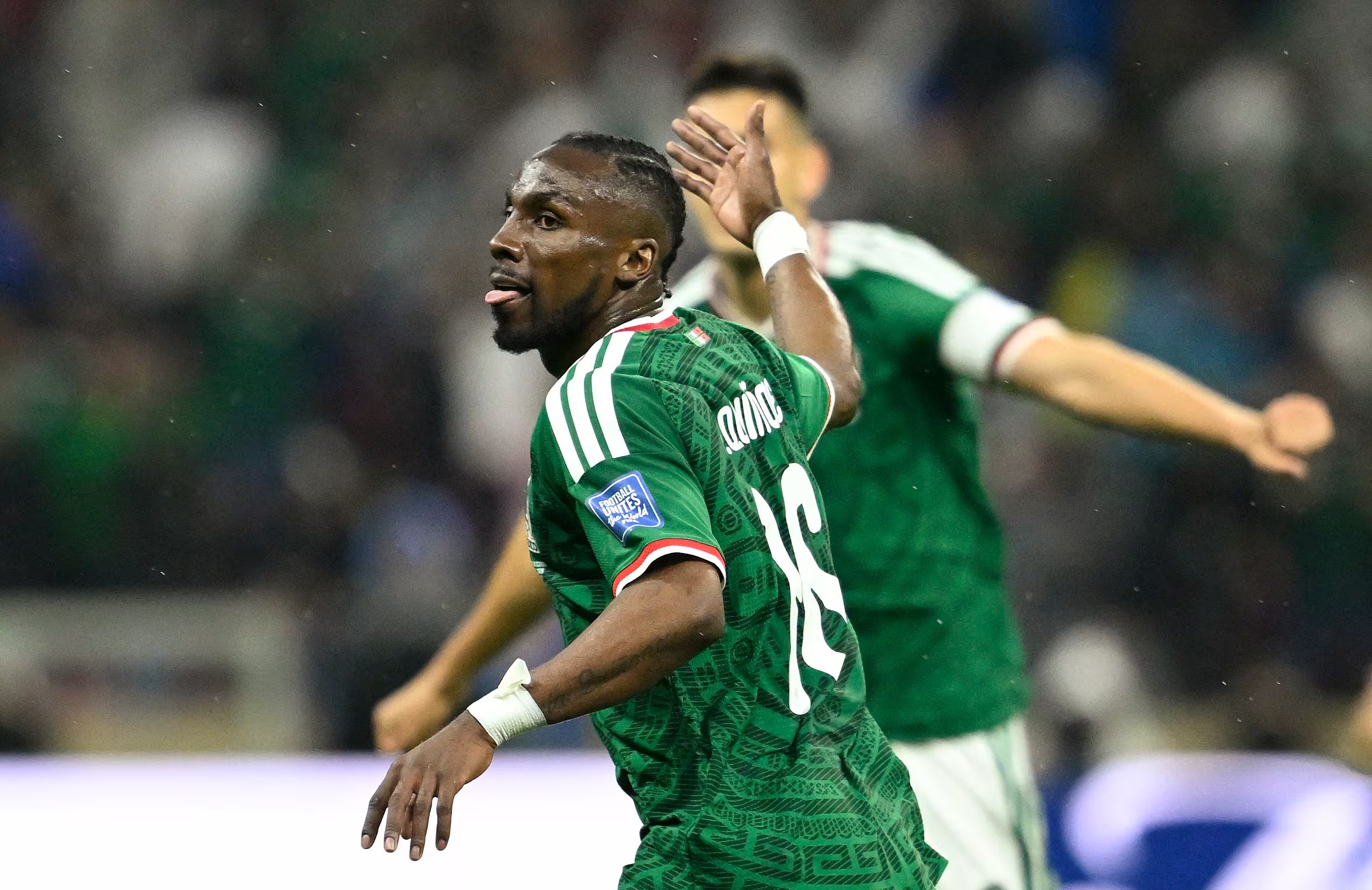 Mexico's forward #16 Julian Quinones celebrates scoring his team's first goal during the 2026 World Cup round of 32 football match between Mexico and Ecuador at the Mexico City Stadium in Mexico City on June 30, 2026. (Photo by Alfredo ESTRELLA / AFP)