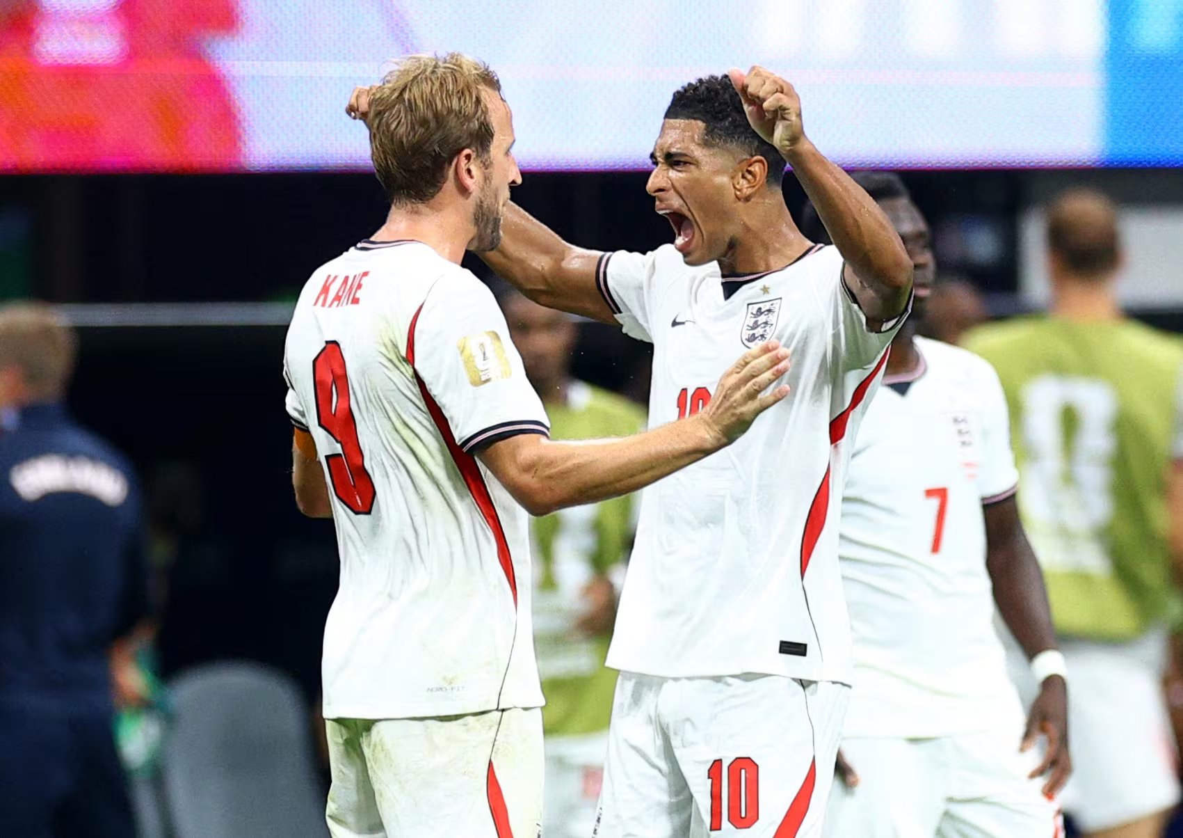 Soccer Football - FIFA World Cup 2026 - Round of 32 - England v DR Congo - Atlanta Stadium, Atlanta, Georgia, U.S. - July 1, 2026 England's Harry Kane and Jude Bellingham celebrate after the match IMAGN IMAGES via Reuters/Nathan Ray Seebeck