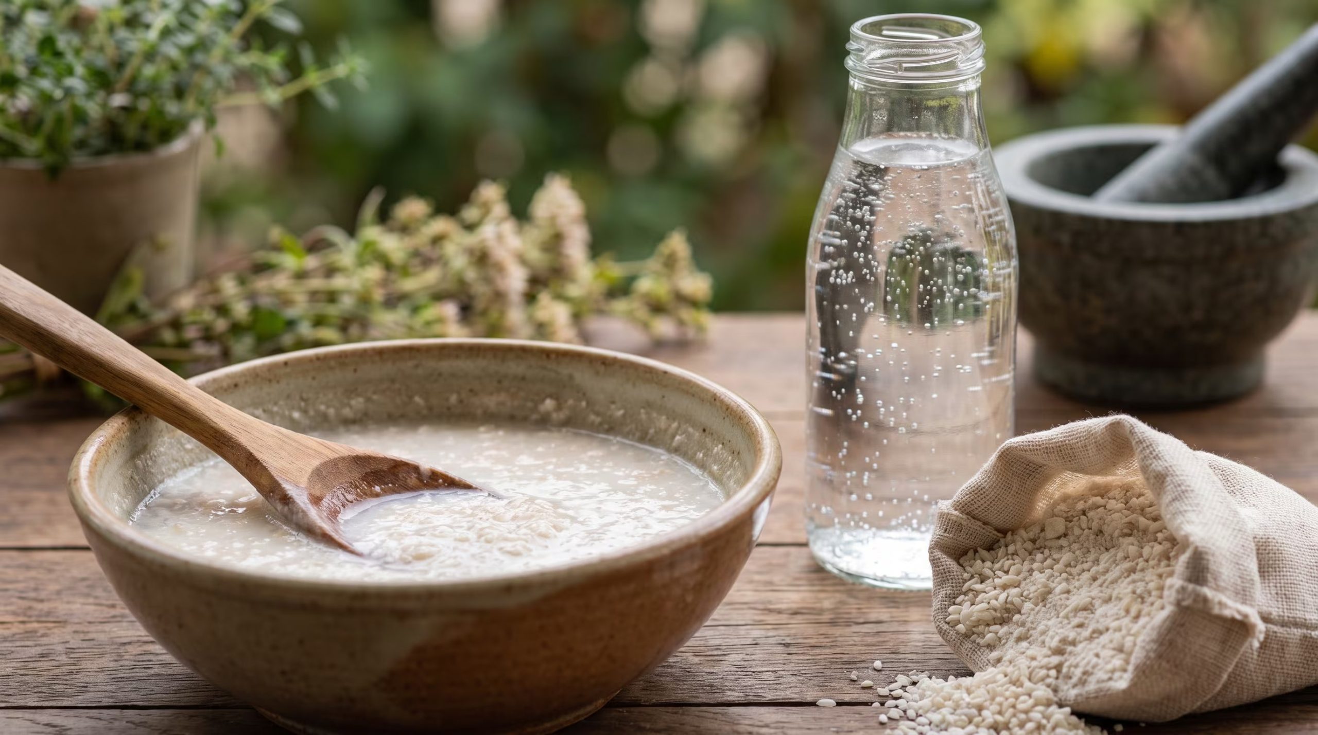 Ingredientes y utensilios para preparar una bebida de arroz con agua mineral se disponen sobre una mesa rústica de madera. (Imagen Ilustrativa Infobae)