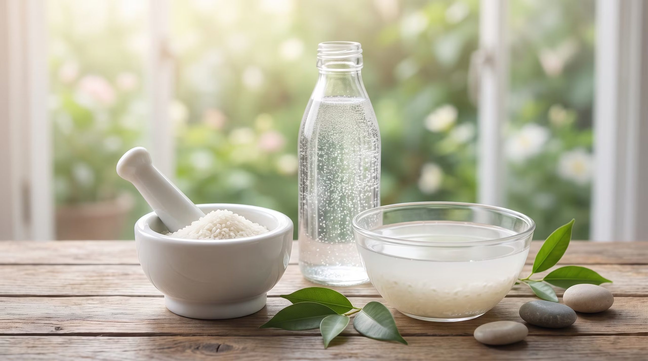 Un mortero con arroz y una botella de agua mineral se encuentran junto a un cuenco con arroz en agua, sobre una tabla de madera, sugiriendo una preparación. (Imagen Ilustrativa Infobae)
