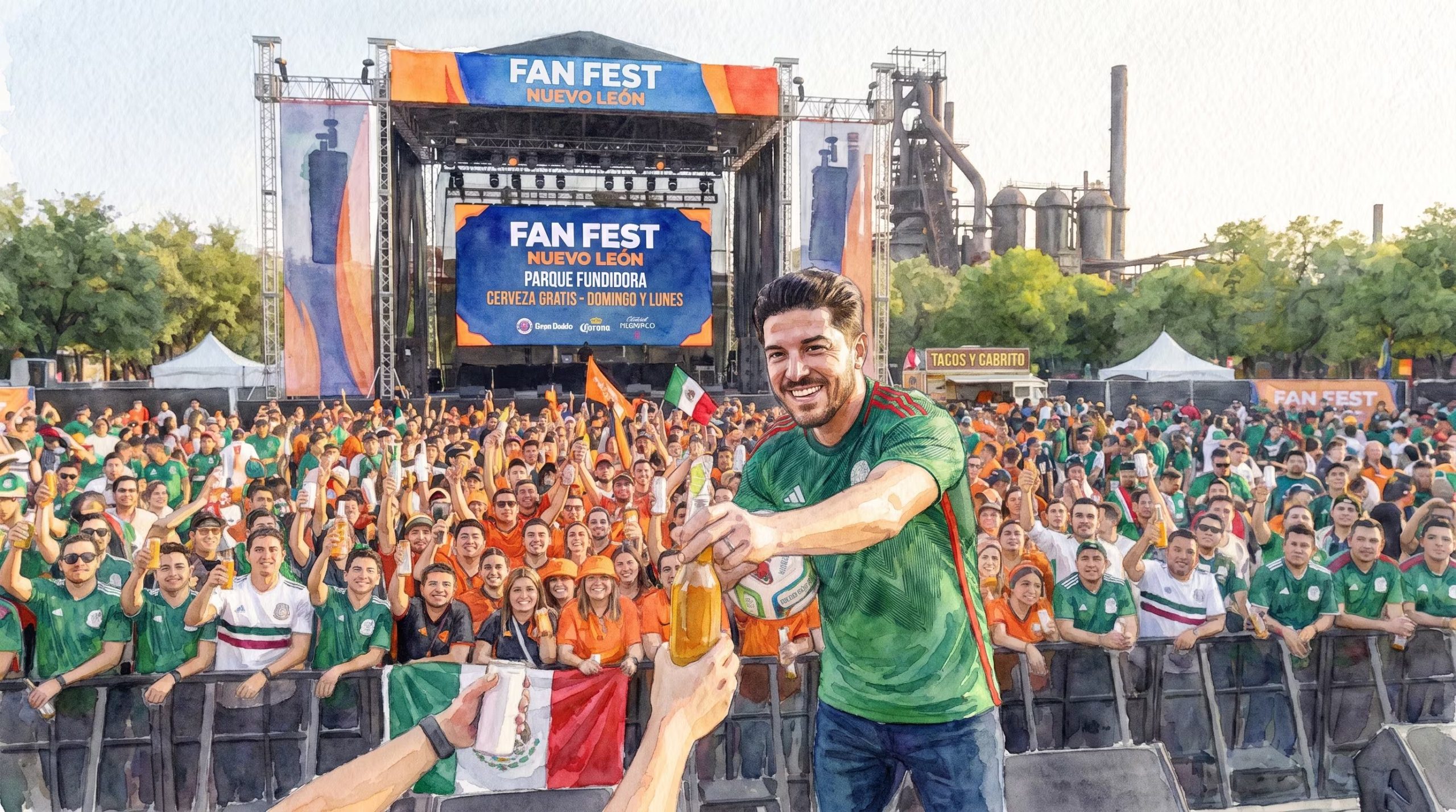 El gobernador Samuel García saluda a los asistentes en el Fan Fest de Nuevo León, un evento concurrido por aficionados al fútbol en el Parque Fundidora. (Imagen Ilustrativa Infobae)