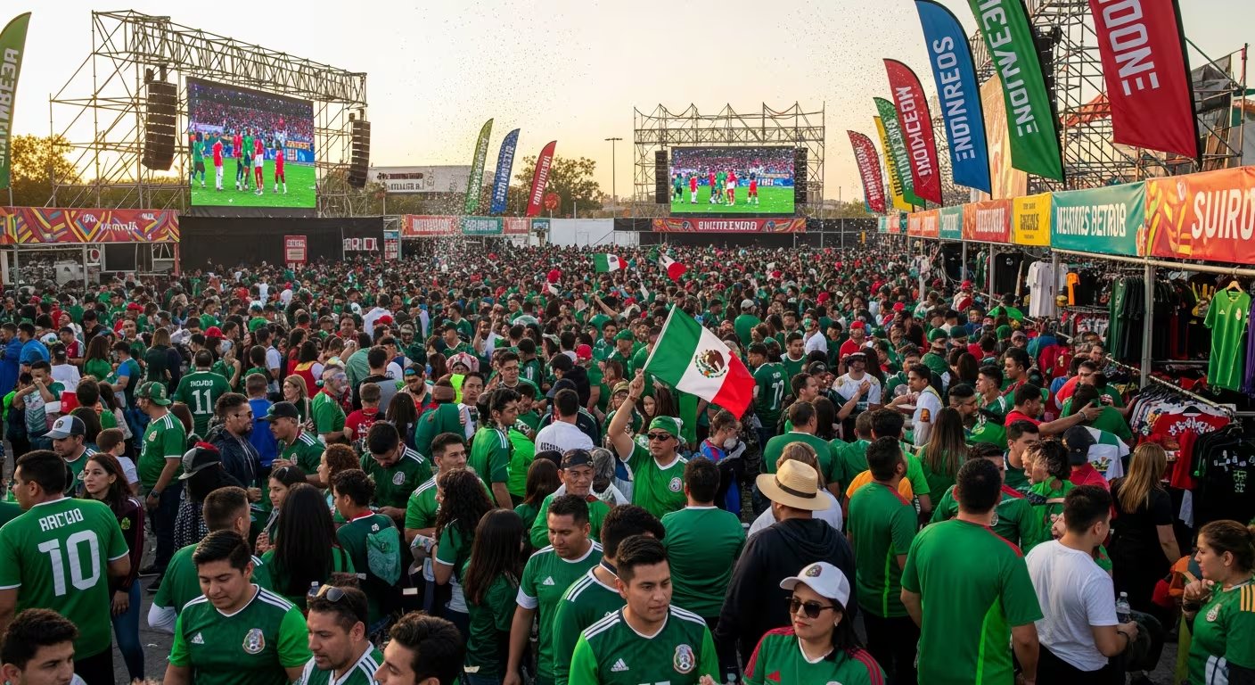 Cientos de aficionados con camisetas de la selección mexicana se reúnen en un fan fest en Monterrey para ver un partido de fútbol en pantallas gigantes. (Imagen Ilustrativa Infobae)