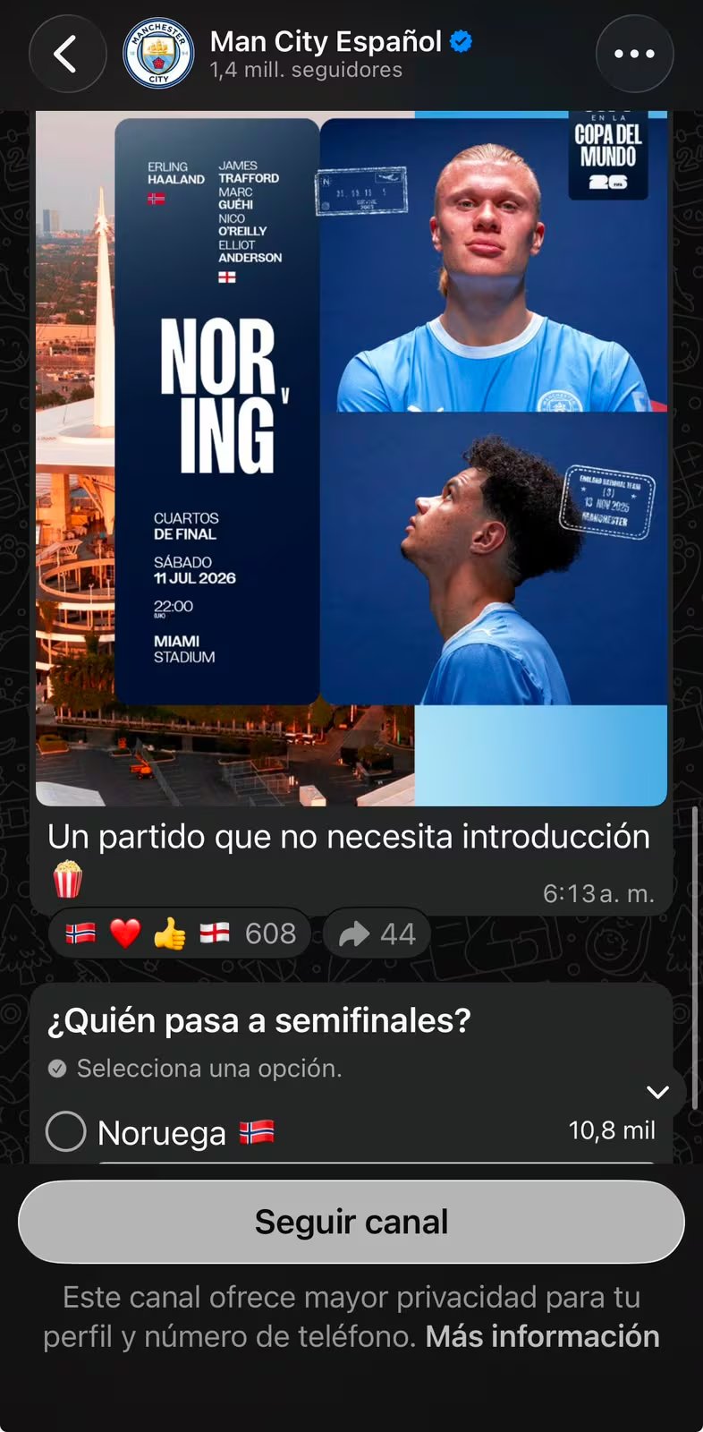 En este canal, los usuarios se pueden enterar de actualizaciones en español del Manchester City. (WhatsApp)