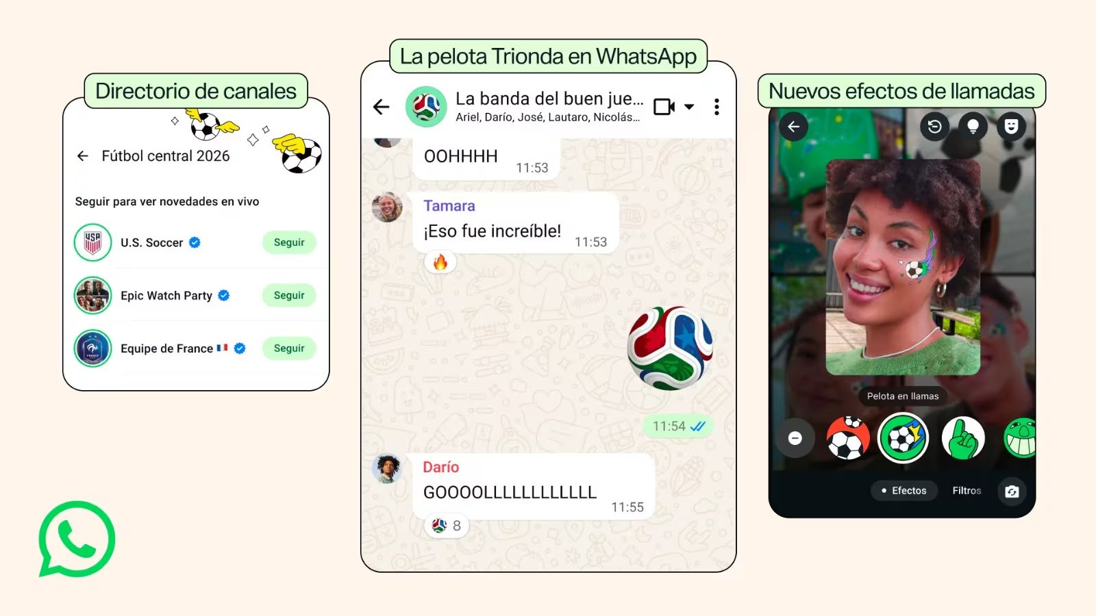 WhatsApp presenta nuevas funciones en su plataforma para la Copa Mundial de la FIFA 2026, incluyendo un directorio de canales, un sticker de la pelota Adidas Trionda y efectos de llamada. (WhatsApp)