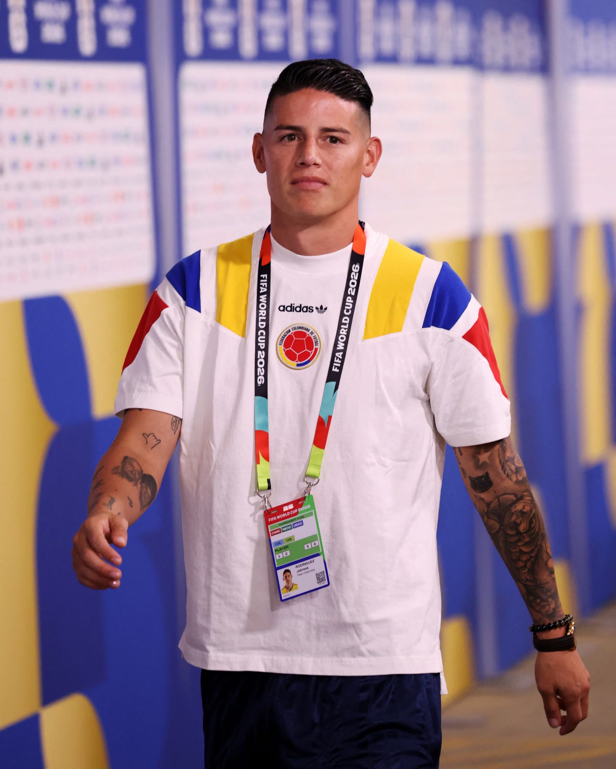 James Rodríguez saliendo del Estadio de Kansas City, donde Colombia eliminó a Ghana del Mundial 2026. En ese partido fue titular y destacaron su entrega, esa misma que destacó Yakin en la intensidad d ela Tricolor - crédito Siphiwe Sibeko/Reuters