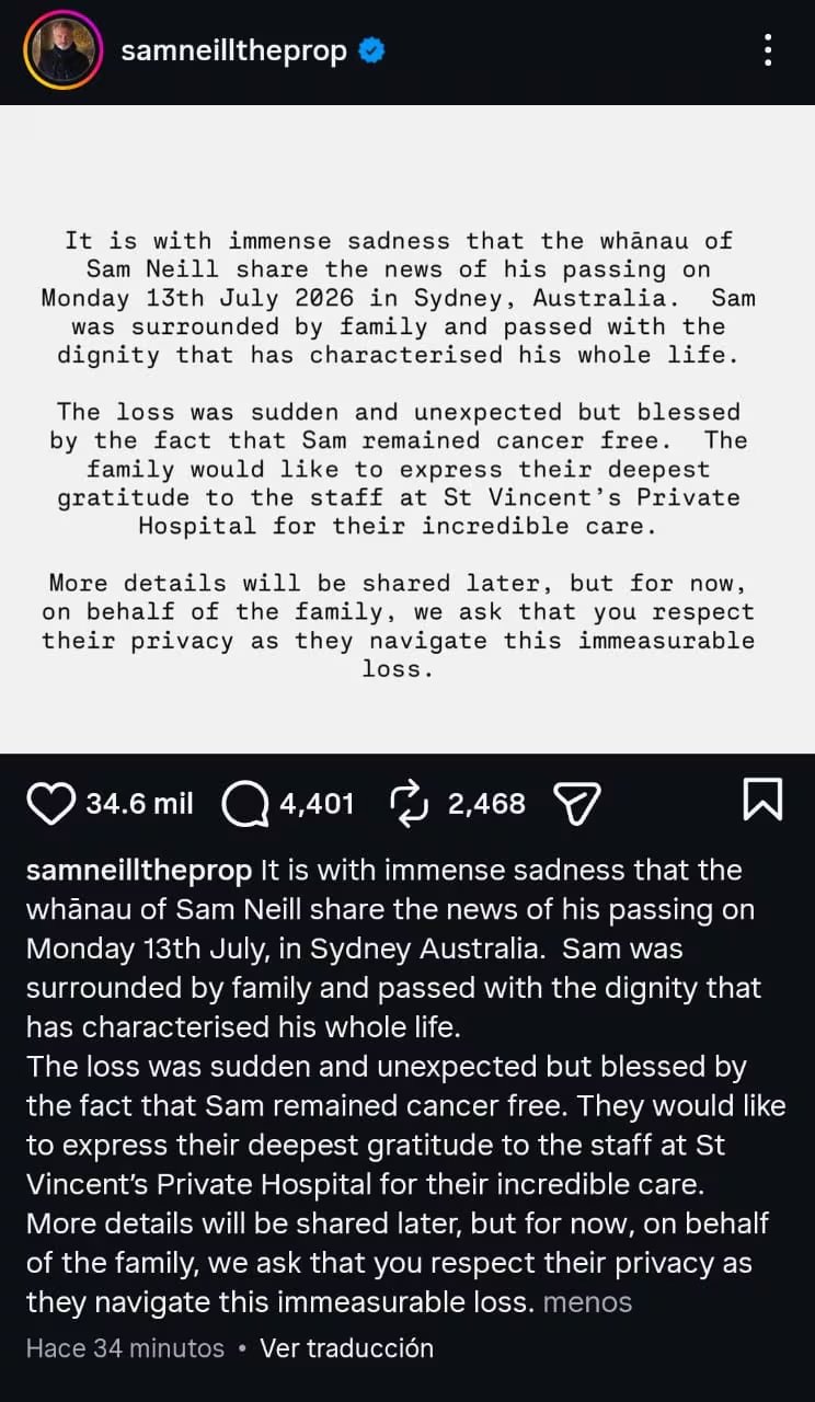 La familia de Sam Neill compartió el comunicado de la muerte del actor en redes sociales 
(Créditos: Instagram/Sam Neill)