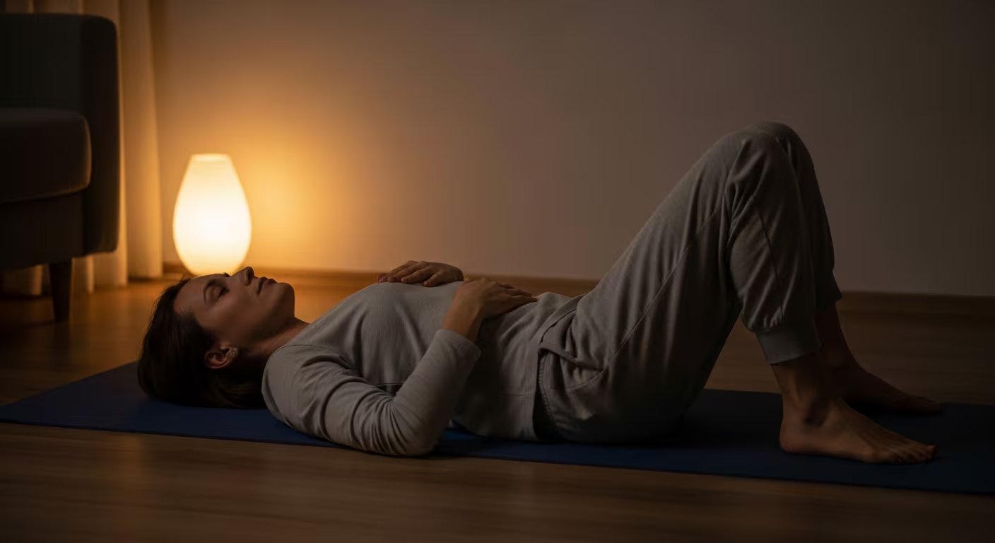 Una mujer practica ejercicios de relajación o respiración diafragmática en una colchoneta, creando un ambiente de calma en su hogar con iluminación tenue durante la noche. (Imagen Ilustrativa Infobae)