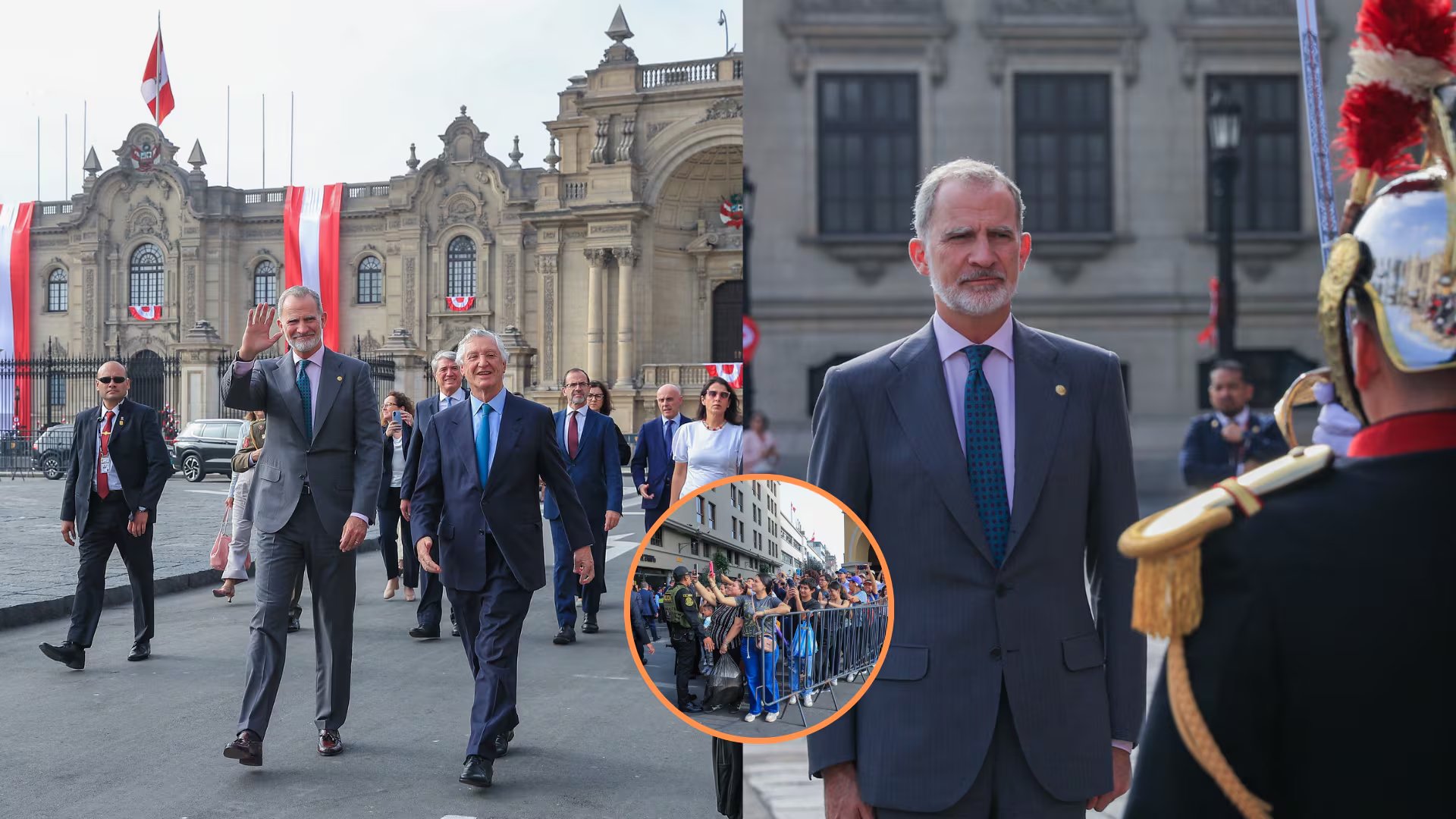 El rey optó por caminar desde Palacio de Gobierno hasta el Palacio de Torre Tagle, en lugar de usar un vehículo oficial. Composición: Infobae