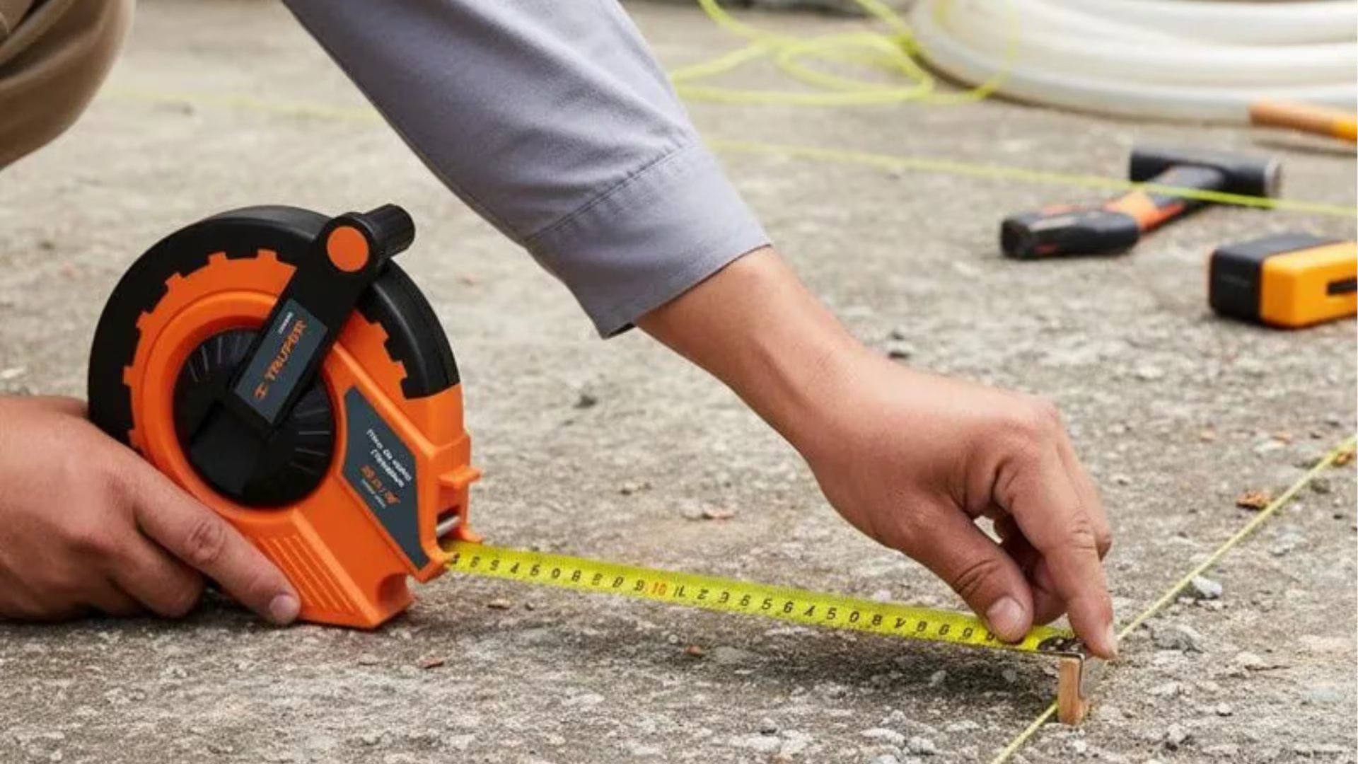 Una persona utiliza una cinta métrica para marcar distancias en un terreno de construcción, con marcaciones que indican puntos estructurales relevantes para el sistema imperial.