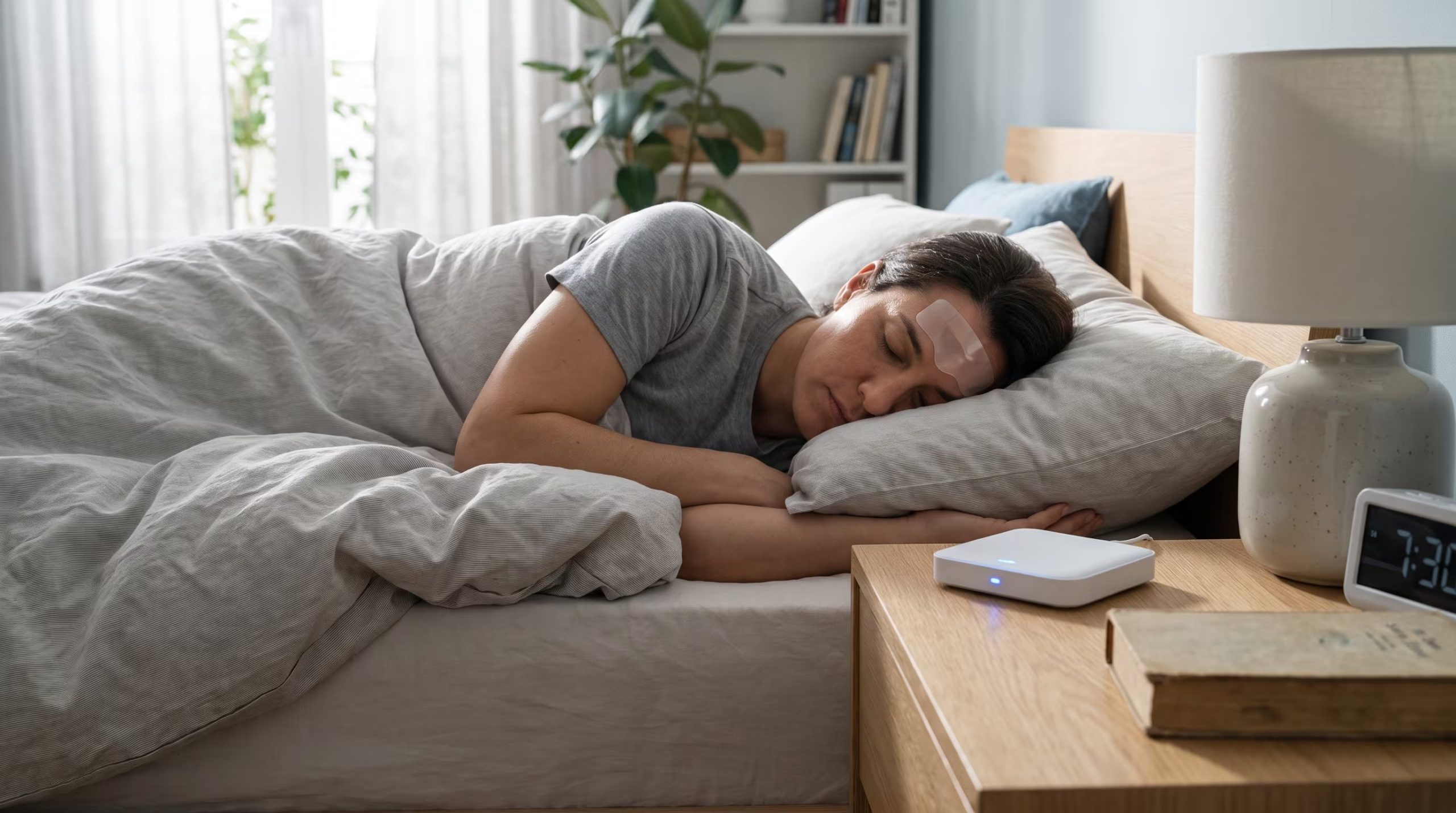 Una persona adulta descansa de lado en una cama mientras un parche flexible en su frente y un dispositivo en la mesa de noche simulan el monitoreo del sueño. (Imagen Ilustrativa Infobae)