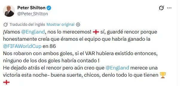 El posteo de Peter Shilton y el dardo a la Argentina por el Mundial de México 1986 (@Peter_Shilton)