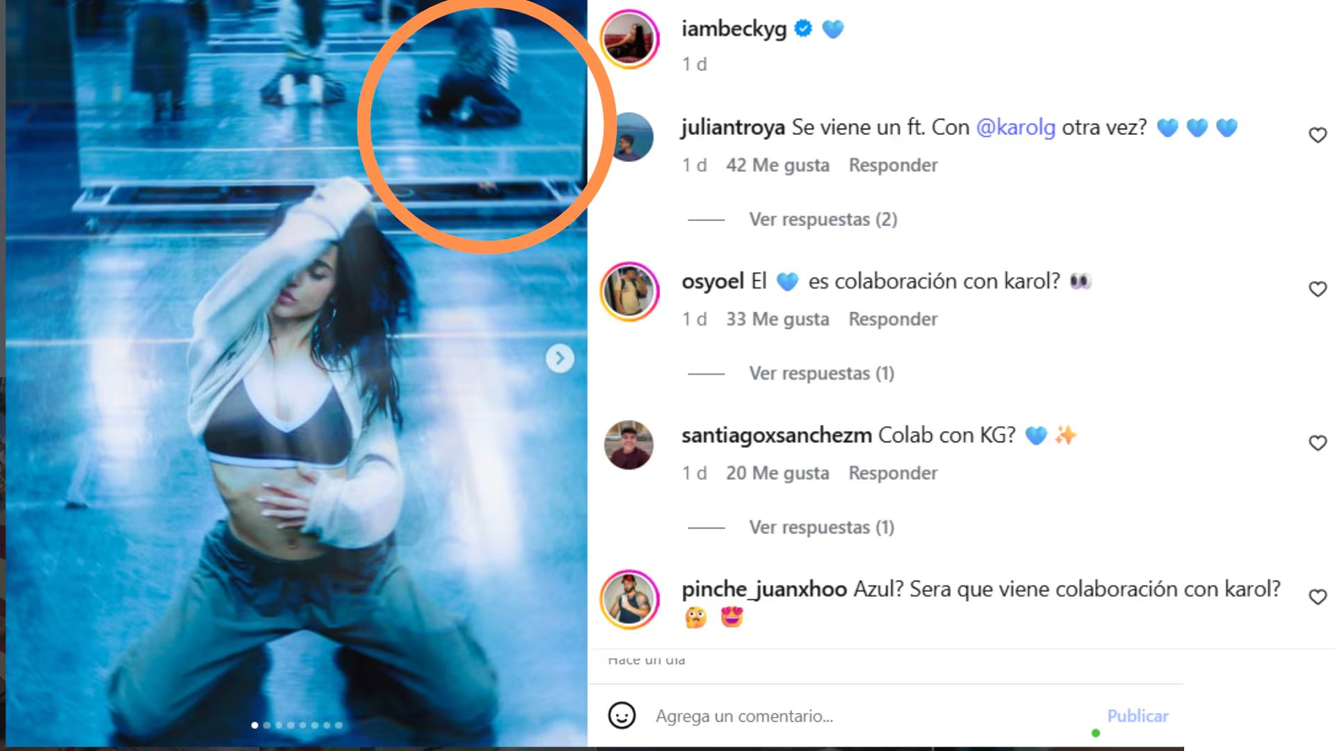 Una fotografía compartida por Becky G con filtro azul y un corazón turquesa avivó los rumores sobre su participación en el álbum - crédito @iambeckyg/ Instagram