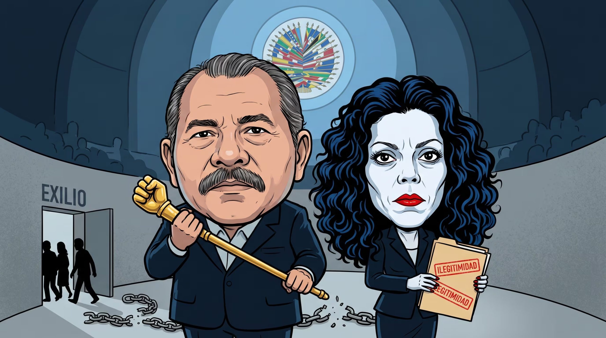 Una caricatura política representa a Daniel Ortega y Rosario Murillo con sus atributos, delante del símbolo de la OEA y una puerta de exilio con cadenas rotas al frente. (Imagen Ilustrativa Infobae)