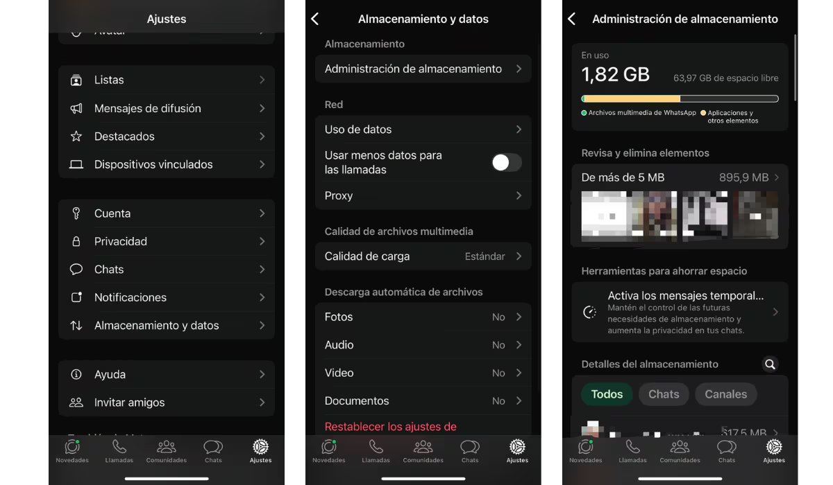 La papelera de WhatsApp está disponible en el menú de Ajustes, dentro de la sección de almacenamiento y datos. (Foto: WhatsApp)