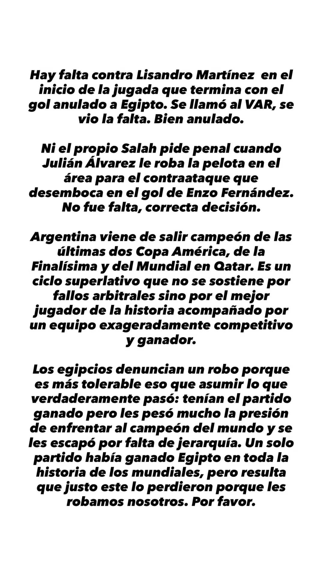 Rosemblat también rechazó el reclamo de penal de Egipto y afirmó que Julián Álvarez no cometió infracción sobre Mohamed Salah en la jugada del gol de Enzo Fernández