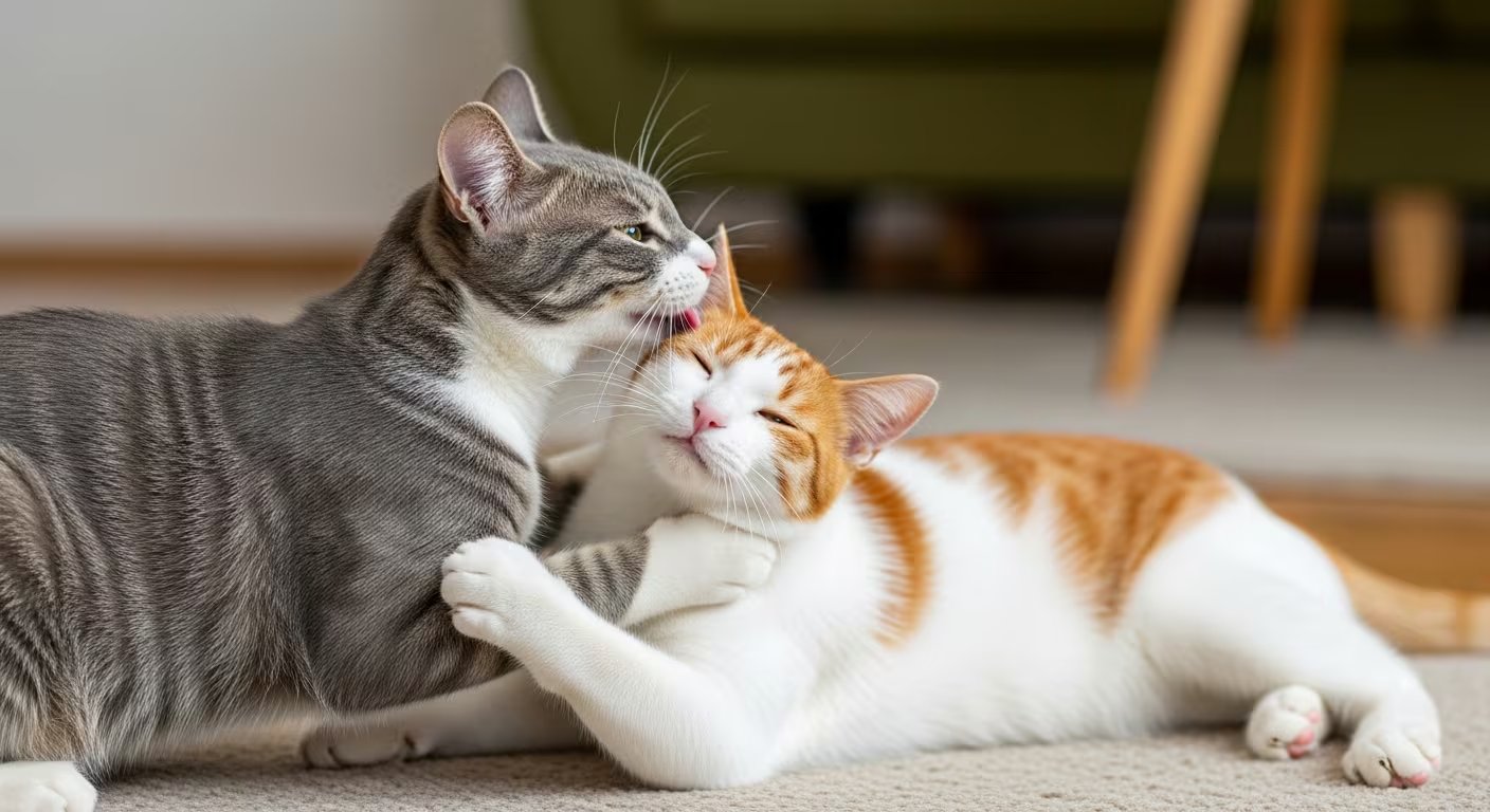 Un gato atigrado gris lame el cuello de un gato anaranjado y blanco mientras ambos forcejean de forma lúdica en el suelo alfombrado de una casa (Imagen Ilustrativa Infobae)