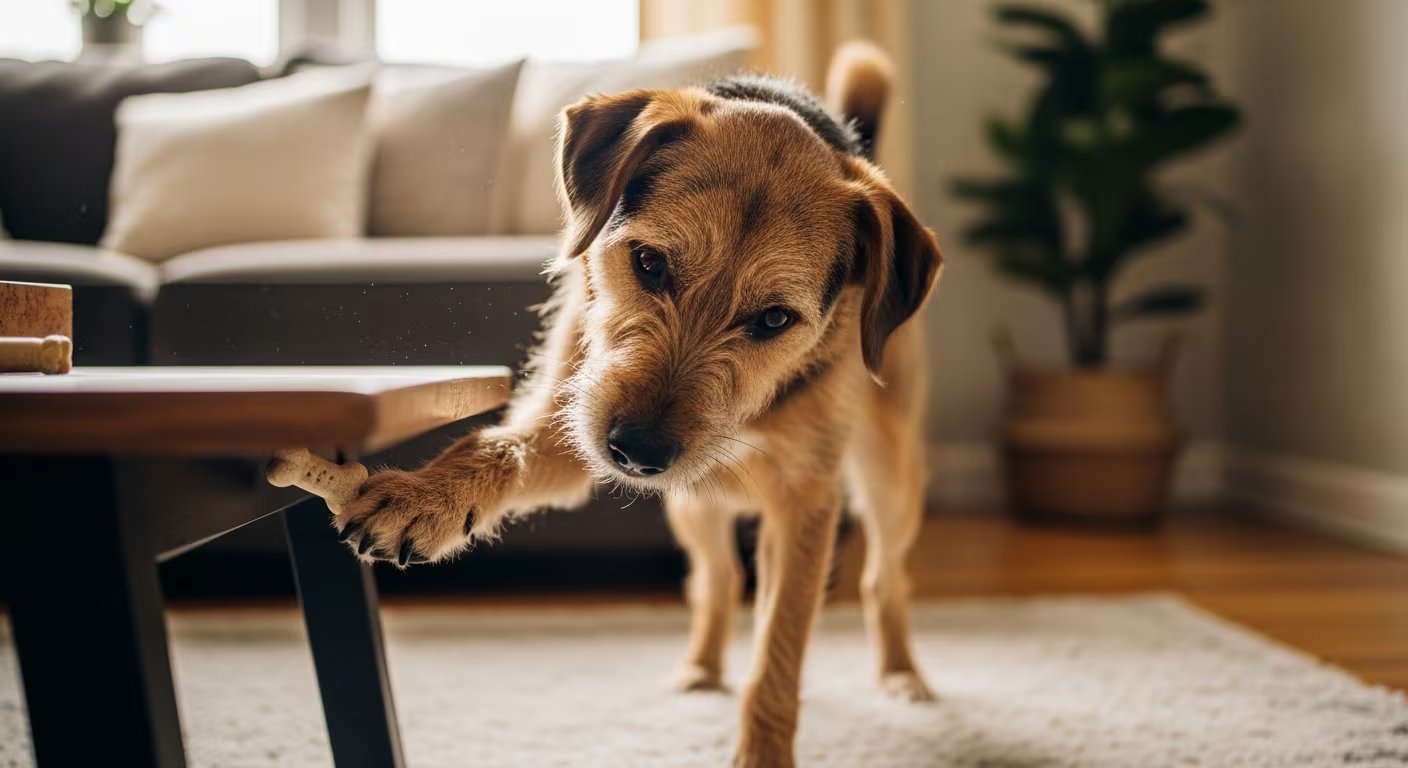 Un perro de pelaje marrón claro introduce su pata delantera por debajo de una mesa baja para intentar sacar un premio. (Imagen Ilustrativa Infobae)