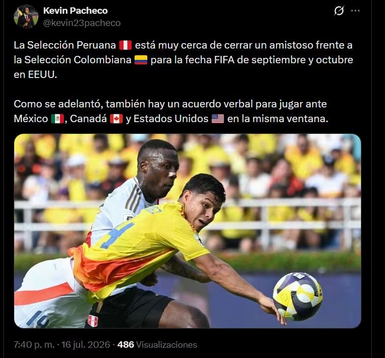 La selección peruana acelera las gestiones para disputar cuatro amistosos de alto nivel en la próxima fecha FIFA. Colombia aparece cerca de sumarse a Estados Unidos, México y Canadá. (X: kevin23pacheco)