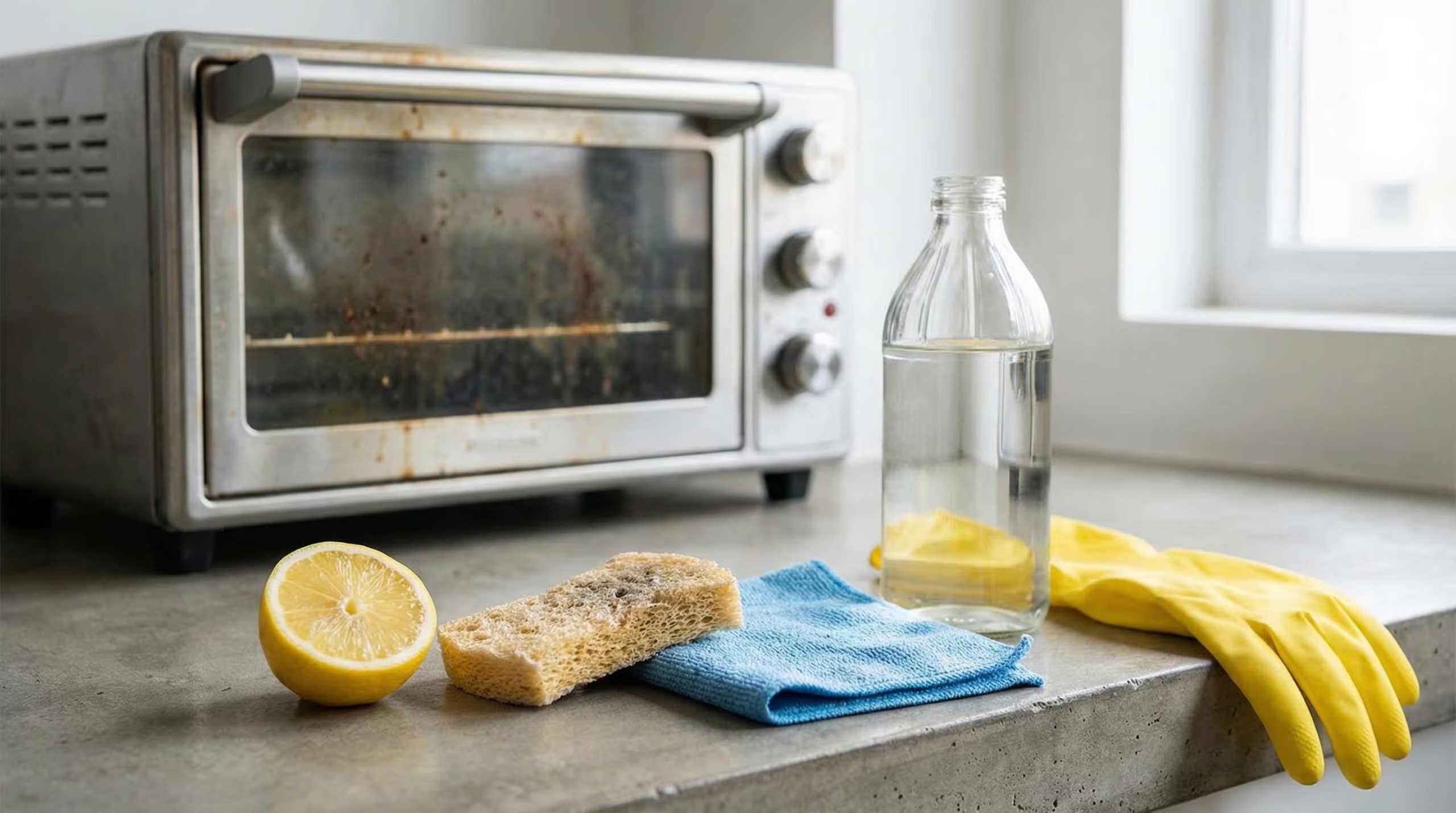 Una mesa de cocina moderna presenta los elementos esenciales para la limpieza ecológica de un horno eléctrico ligeramente sucio, incluyendo limón, vinagre, una esponja y guantes. (Imagen Ilustrativa Infobae)