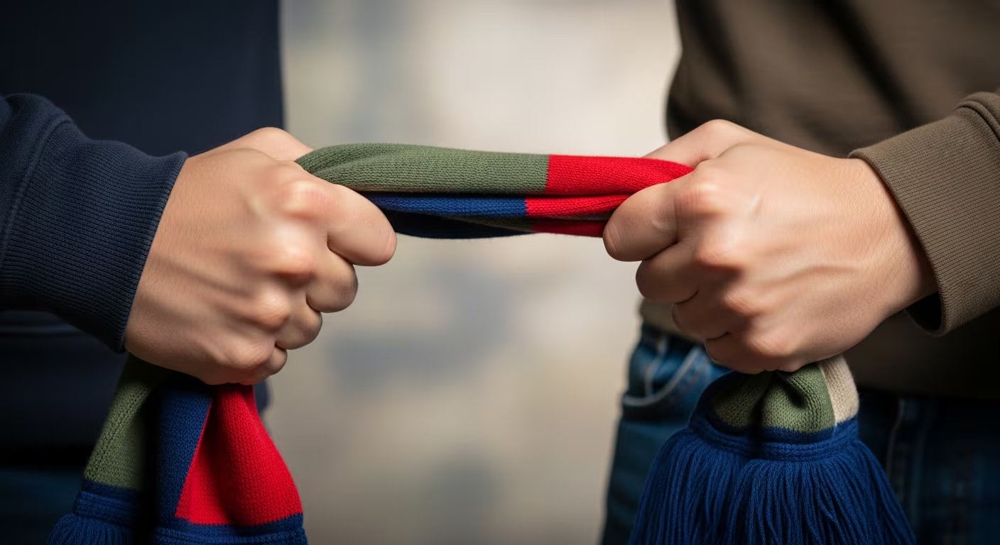 Dos manos estiran una bufanda de fútbol de franjas de colores sobre un pantalón de mezclilla, reflejando una tensión contenida. (Imagen Ilustrativa Infobae)
